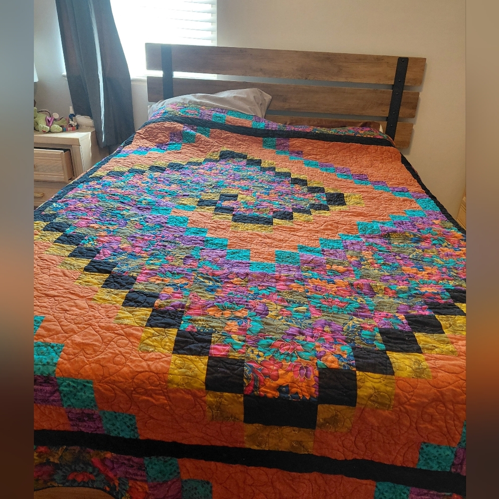 Handmade Spiral Quilt 70x90 Large Art Quilt Bedspread Boho Colorful Blanket